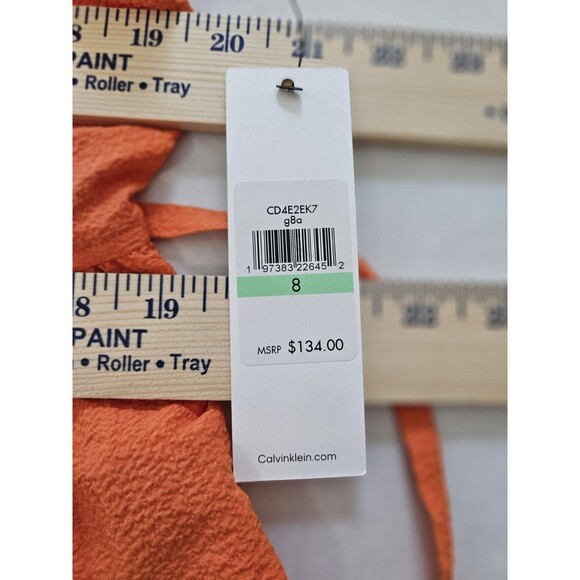 Calvin Klein Crepe Halter V Neck Tie Back Tiered Orange Tropical Dress Sz 8 NWT - Picture 8 of 8